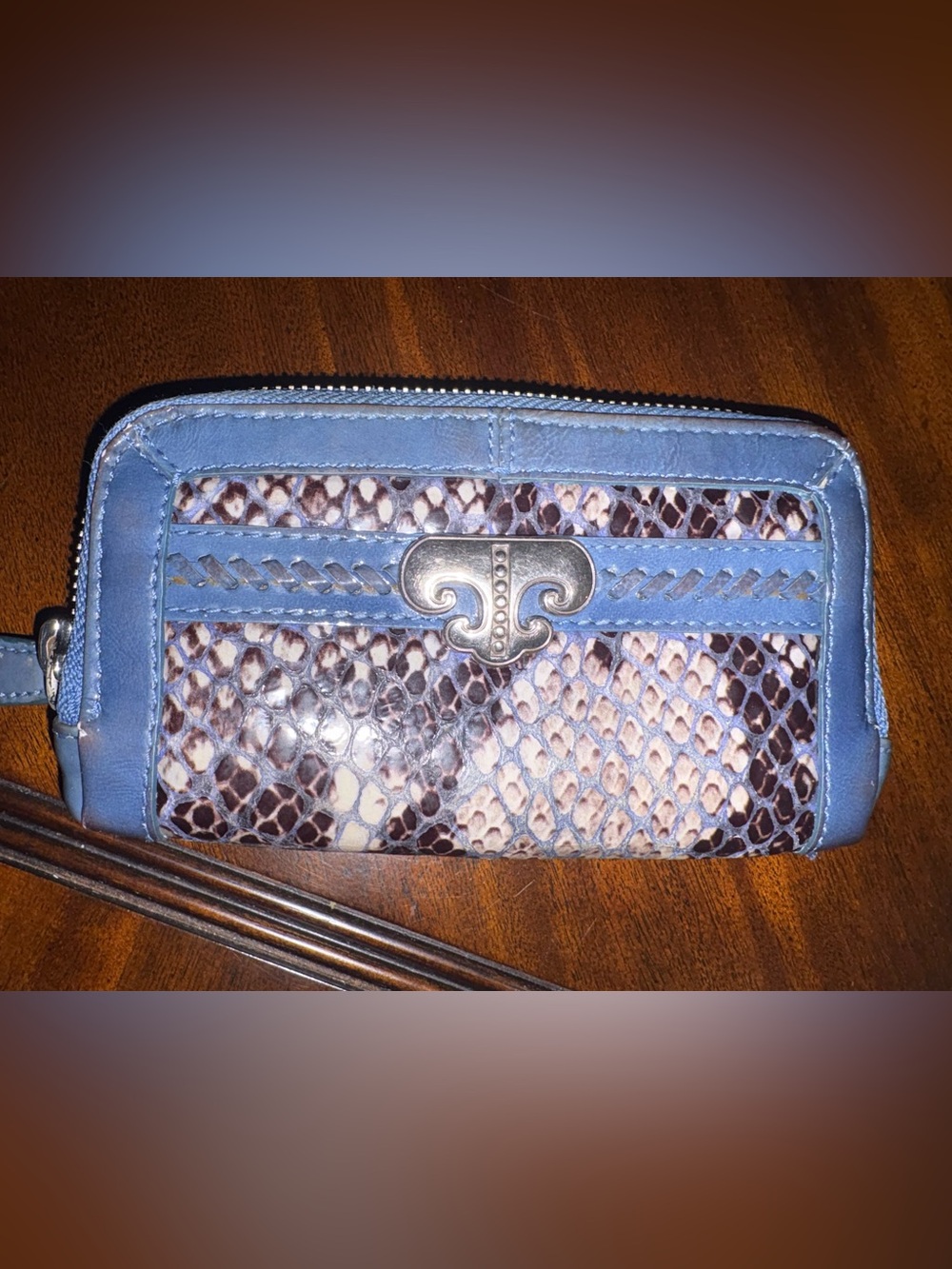 Brighton Blue Leather Trim Snake-Print Zip Wallet